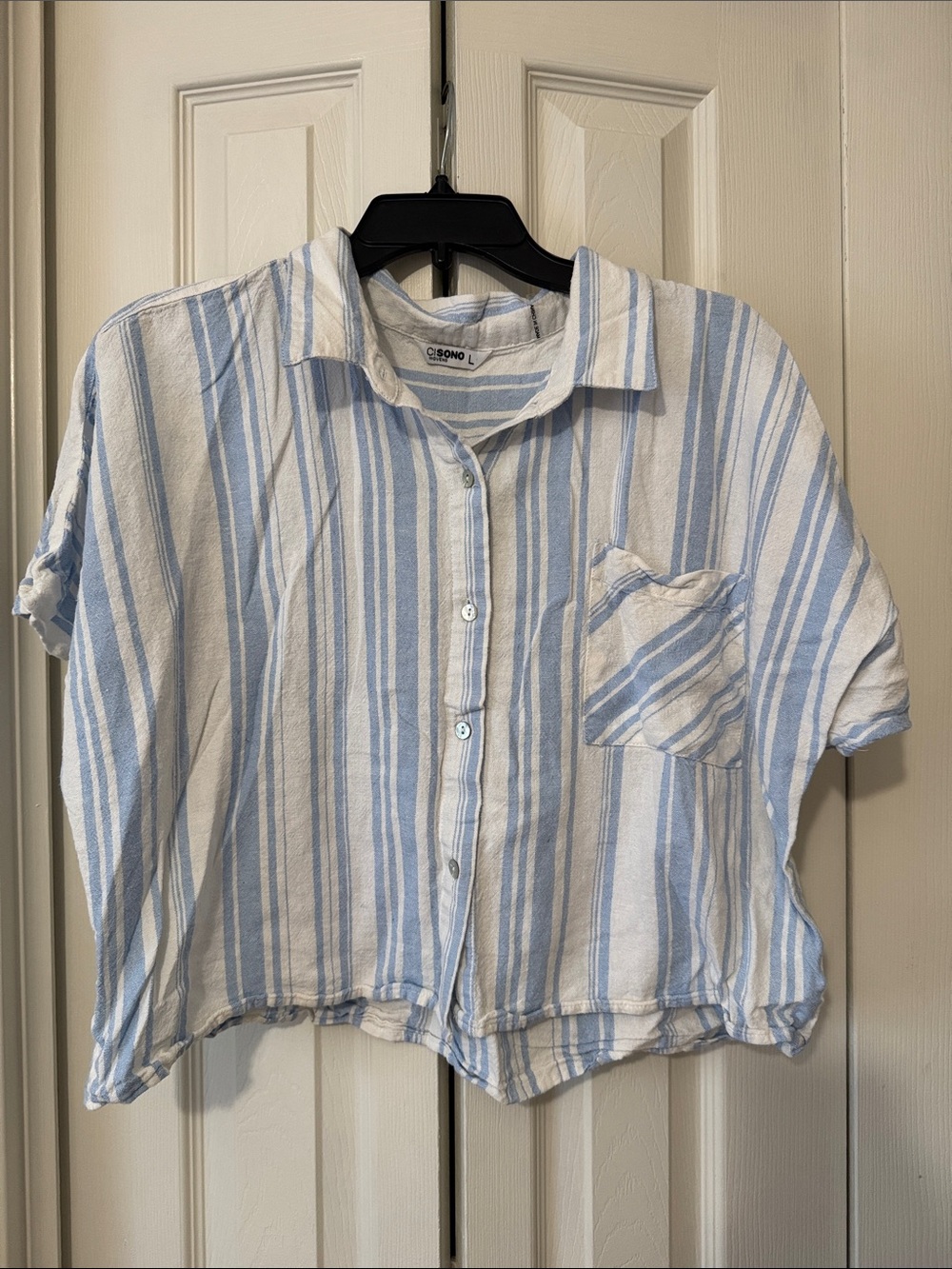 Ci Sono Blue and White Striped Cropped Button-Up Shirt